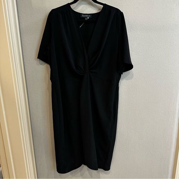 ELOQUII size 4 front gathered black midi dress. - Picture 2 of 12